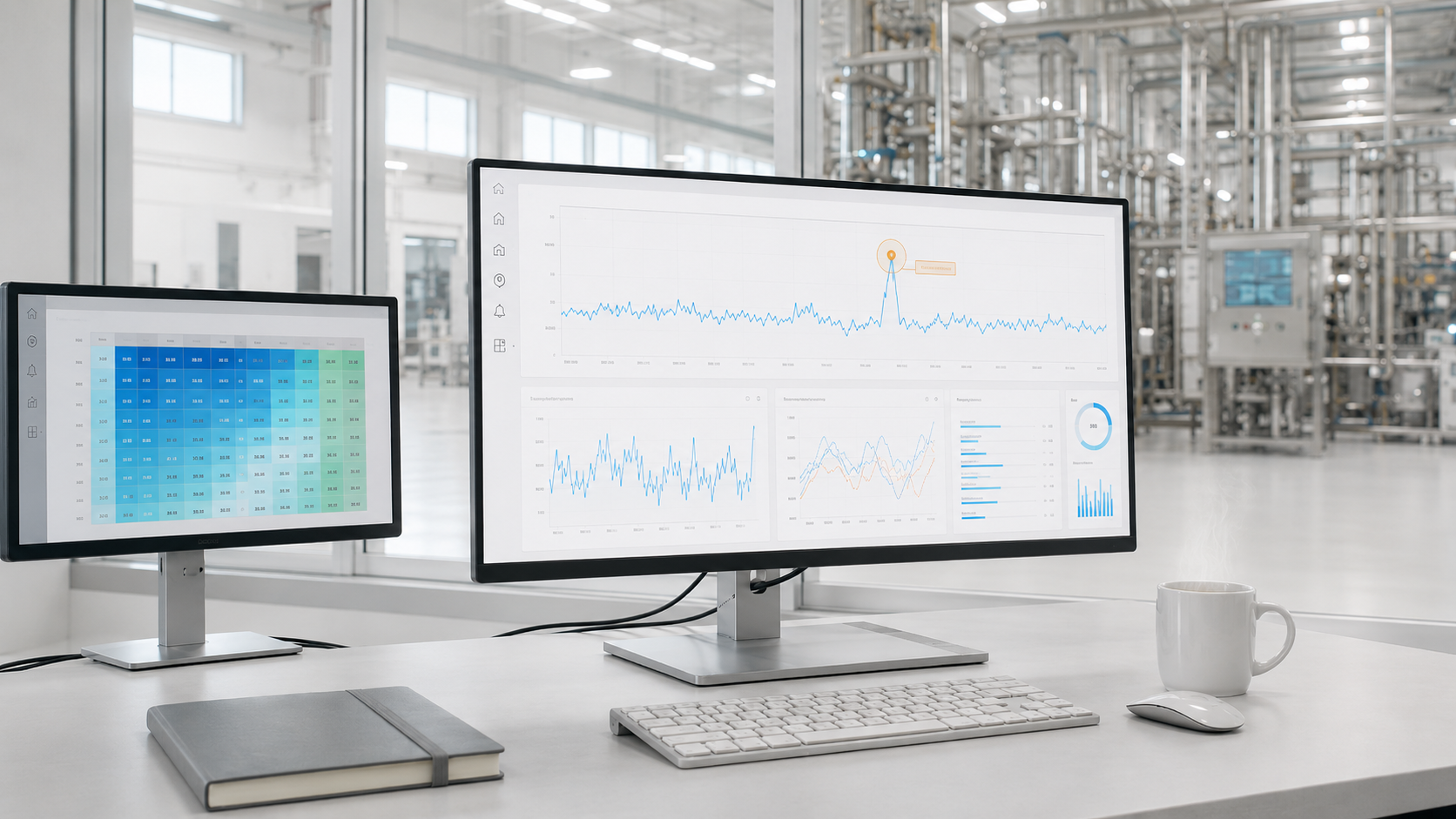 Tablero de monitoreo con series de tiempo y anomalía marcada en sala de control.